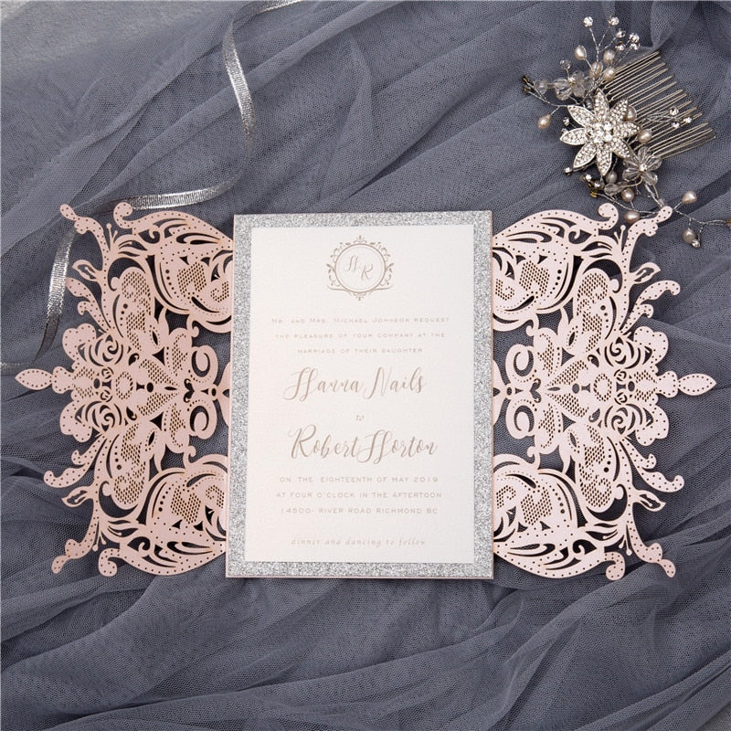 100 pieces Laser Floral Glittery Engagement and Wedding Invitation Cards