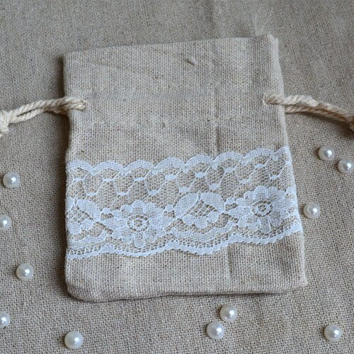 50 Lace Linen Gift Drawstring Favour Bags 8x10cm, 9x12cm or 9x15cm