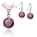 925 Sterling Silver Delicate Round Crystal Necklace Earrings Gift Jewellery Set