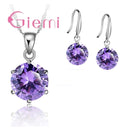 925 Sterling Silver Delicate Round Crystal Necklace Earrings Gift Jewellery Set